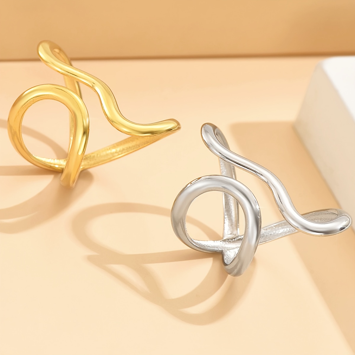 Irregular Line Stainless Steel Open Ring Polished Golden Finish